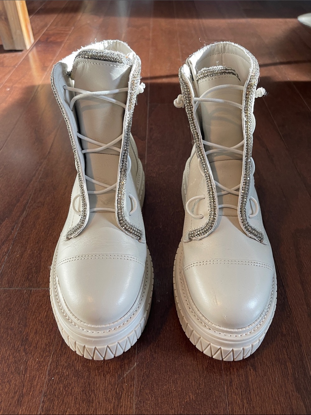 SCHUTZ White Lace-Up Platform Combat Boots with Crystal Detailing